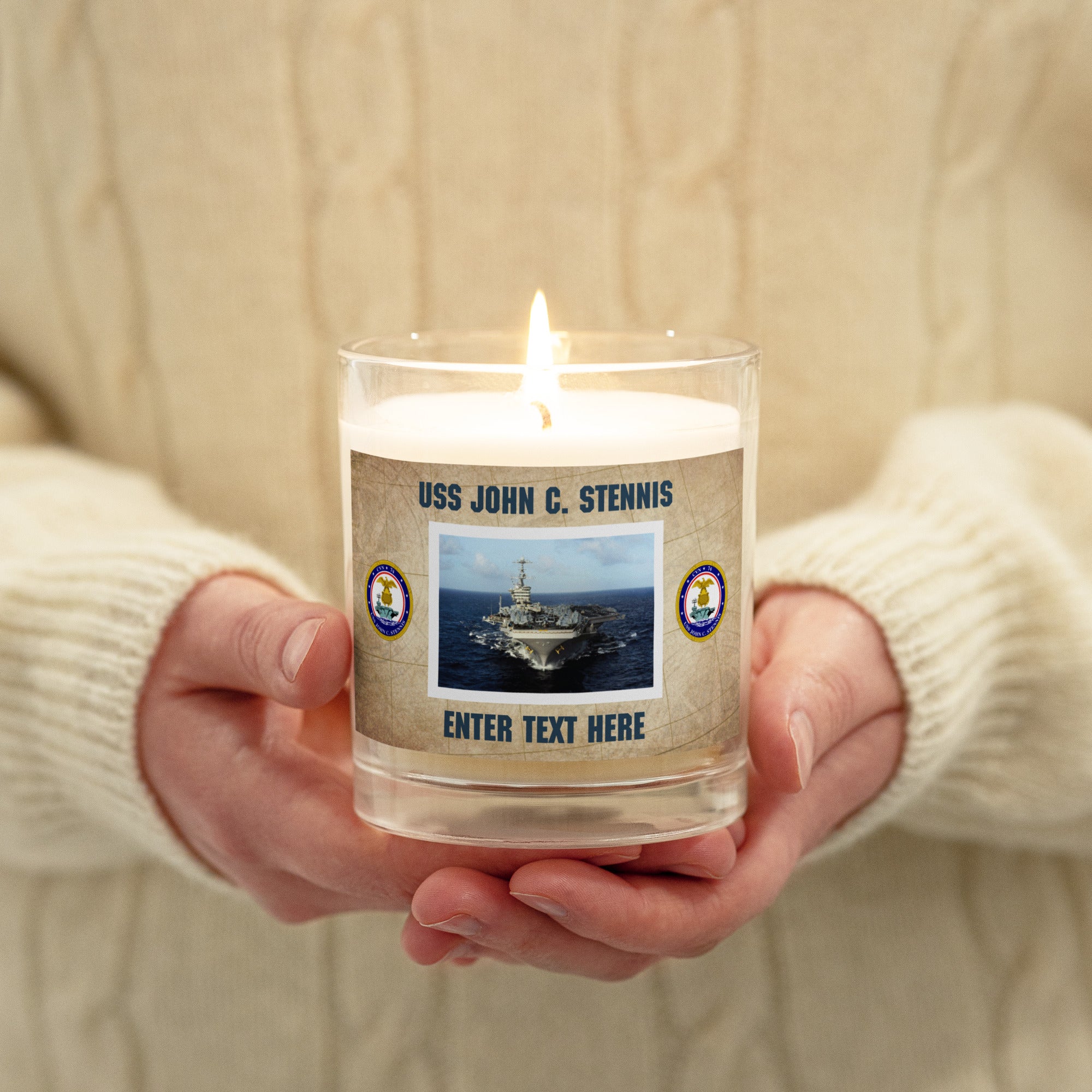 Customizable USS JOHN C. STENNIS Glass jar soy wax candle