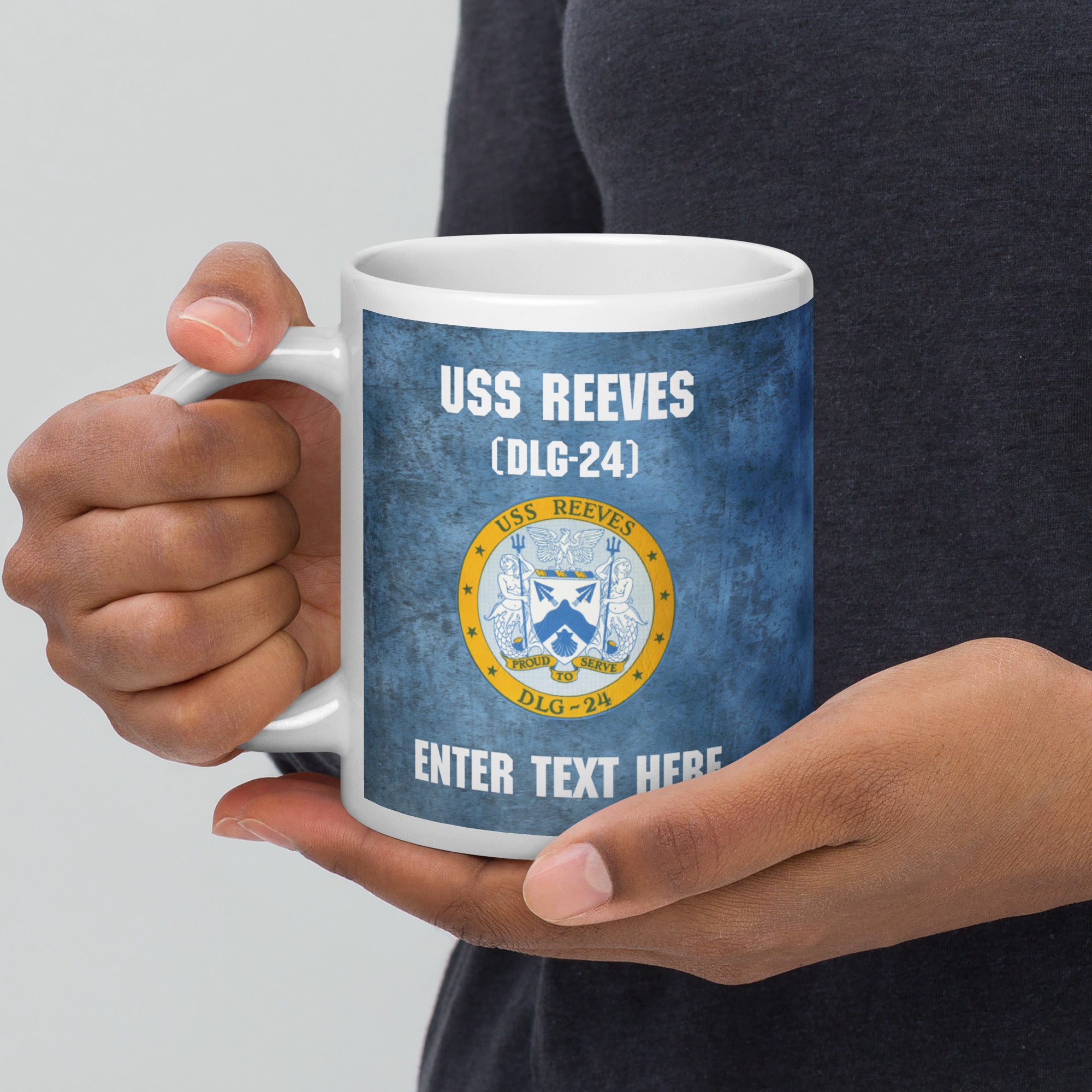 Customizable USS REEVES (DLG-24) White glossy mug