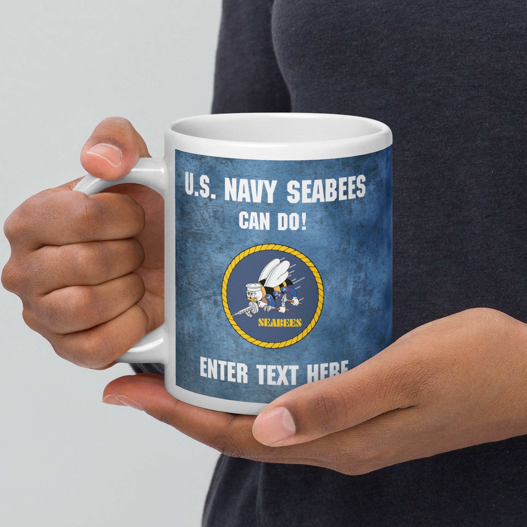 Customizable U.S. Navy SEABEES White glossy mug